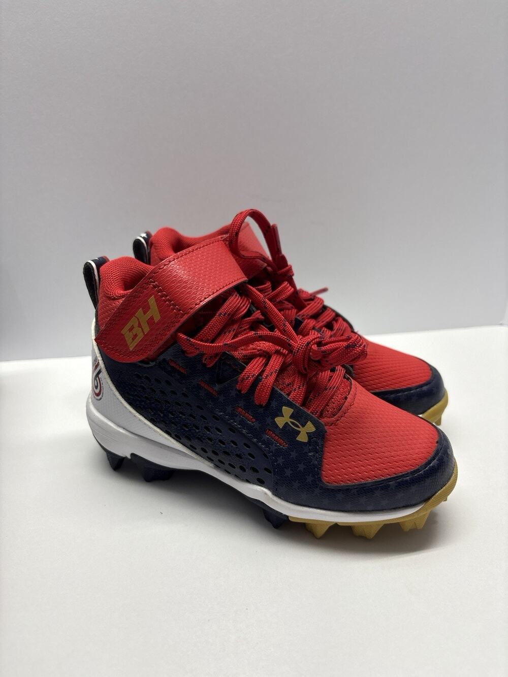Under Armour Harper 7 Mid RM USA Baseball Cleats Red Navy Gold Youth Size 11K